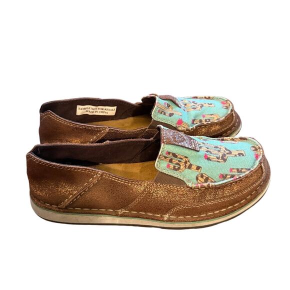 Ariat 7.5 Western CACTUS Cruiser Slip On Loafers Metallic Gold Leather Turquoise - Picture 3 of 6
